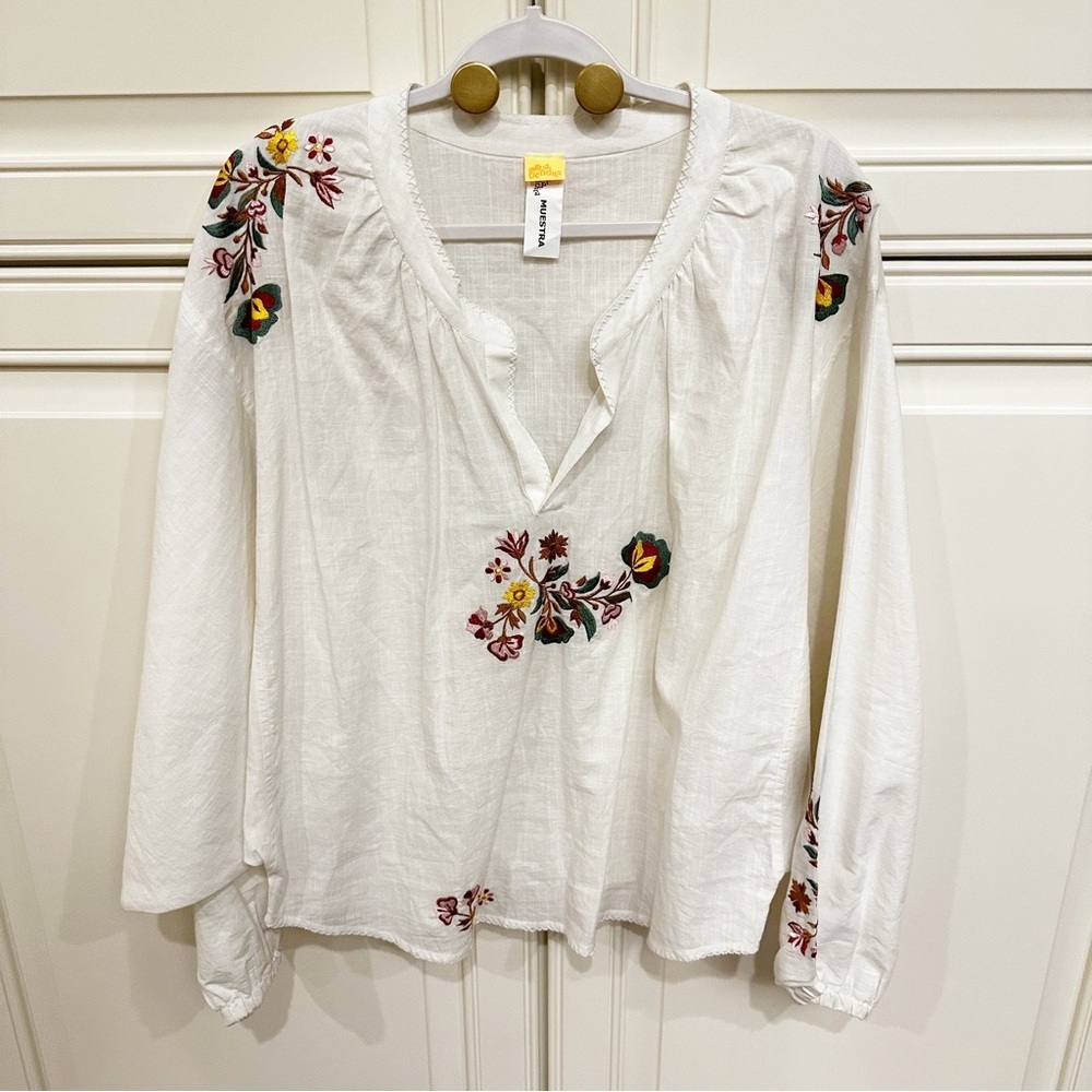 Agua Bendita Women’s Boho Embroidered Floral Peasant Top Blouse Tunic Sample HTF